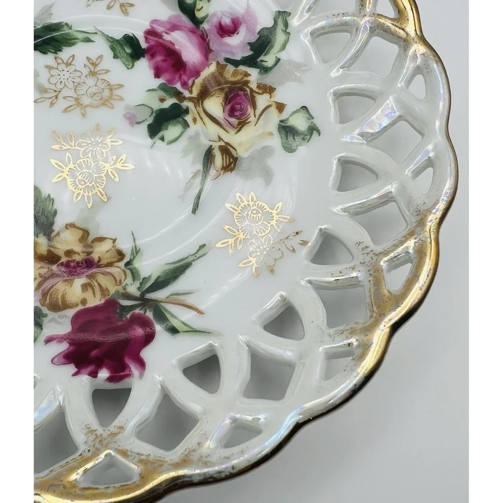 Vintage Reticulated Lace Edge Floral Porcelain Saucer Gold Trim Tea Party Plate